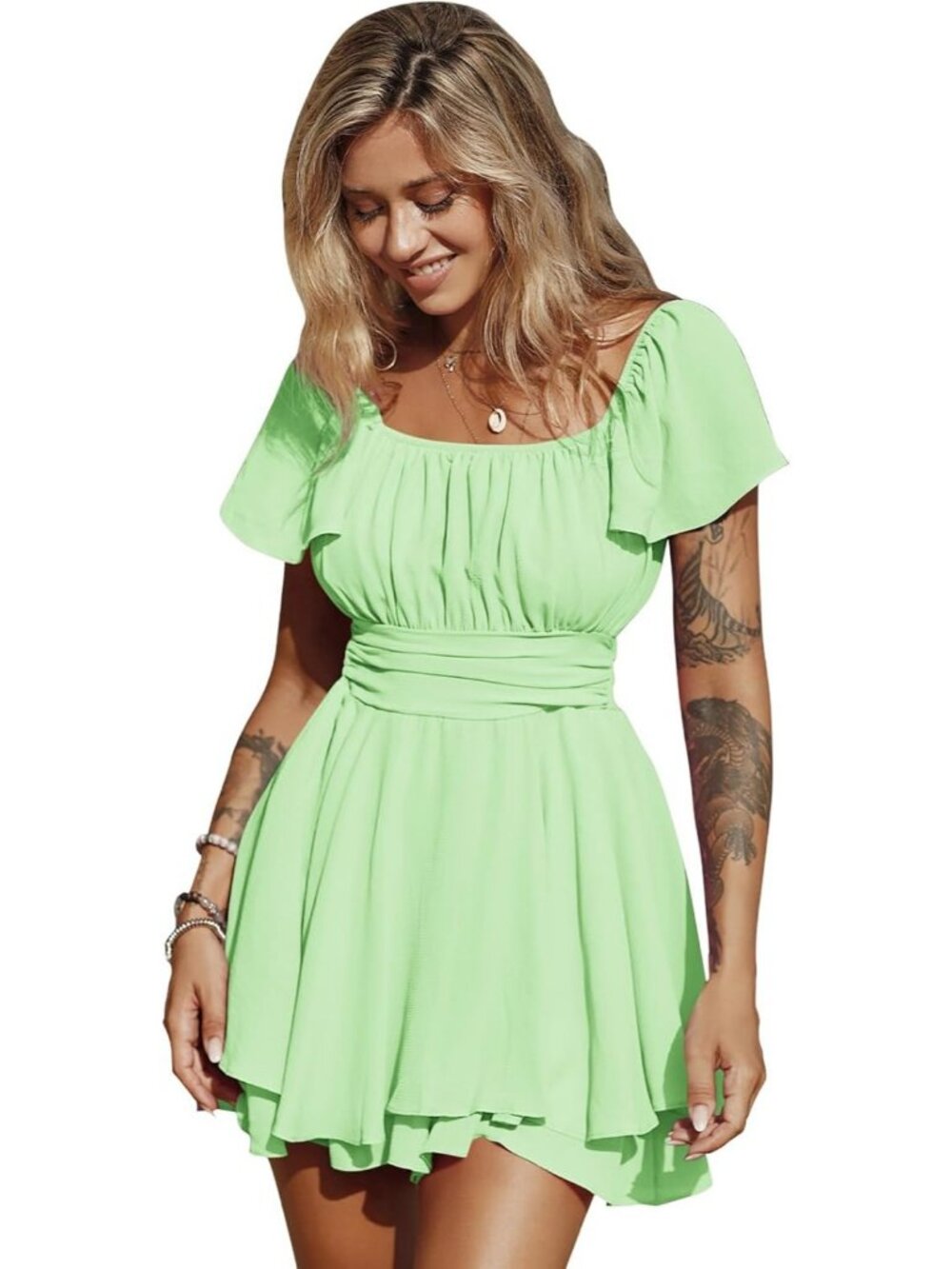 Women's Light Green Ruffle Short Sleeve Tie Back Square Neck Polyester Romper